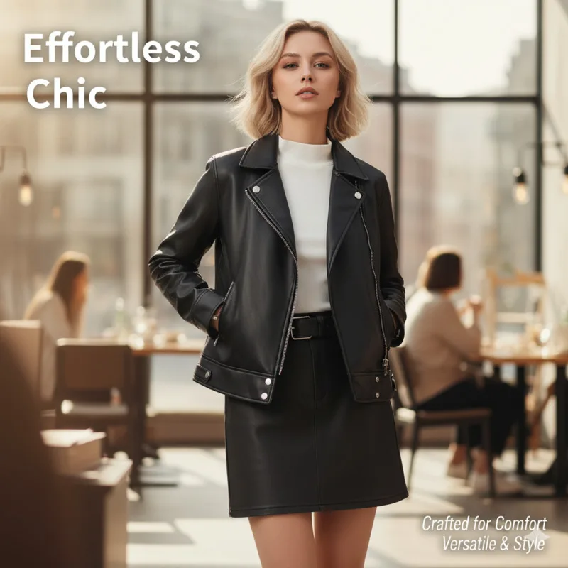 

Модная женская мотокожаная куртка с коротким дизайном и отложными лацканами, облегающая верхняя одежда для осени, модная повседневная одежда для поездок на работу, новинка