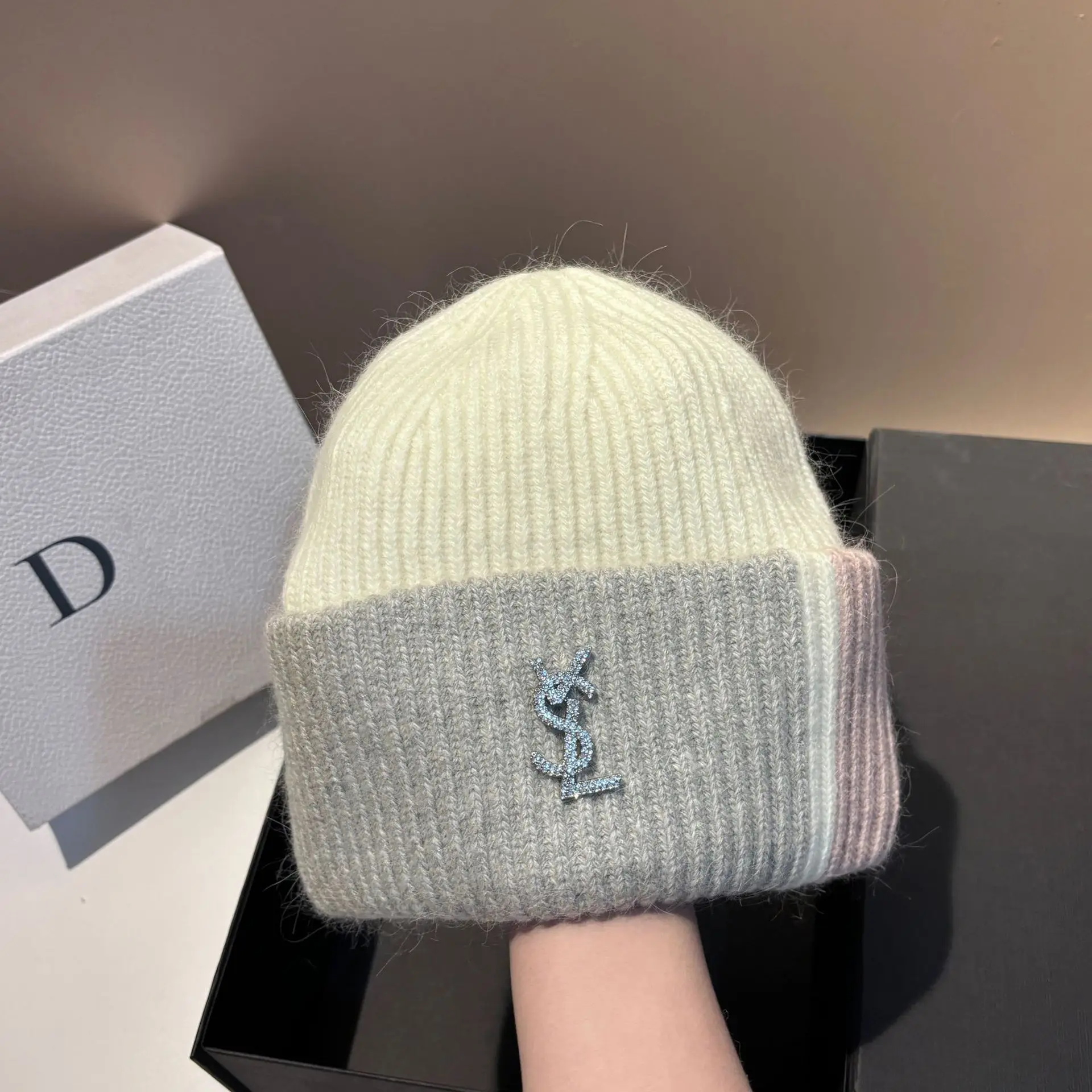 Winter Women's Rabbit Hair Blend Knit Beanie Spliced Panel Ear Flap Warm Wind Resistant Outdoor Convertible Soft Cozy 56-60CM