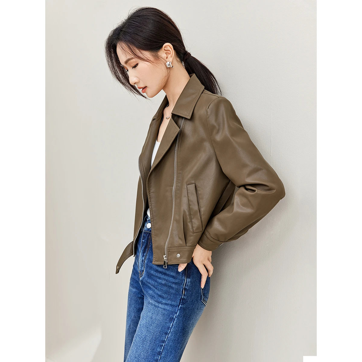 Sentubila przycięta skórzana kurtka bomberka damska 2023 jesienno-zimowa w stylu Vintage zapinana na zamek kurtka ze sztucznej osłony płaszcze motocyklowe