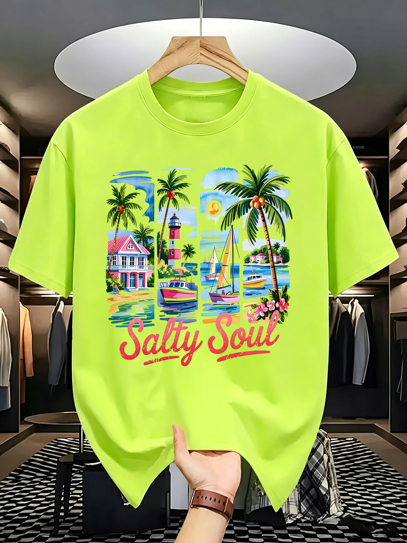 Finding A Free Soul By The Seaside Printed Mens Cotton Summer Casual Tops High Street Simple T-Shirts Retro Fashion Clothes