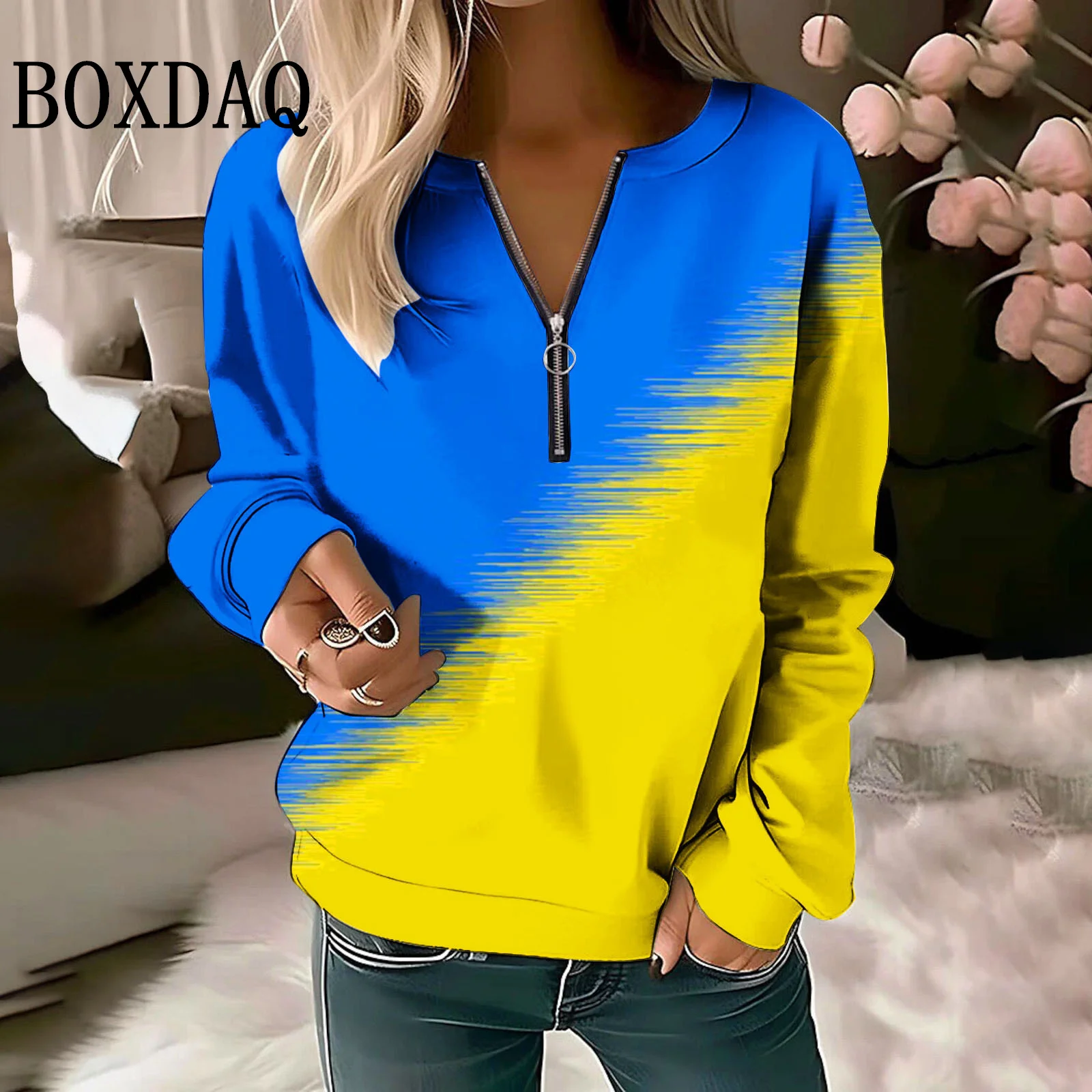 Gradient Printed Long Sleeve Sweatshirts Autumn Winter Fashion Women V-Neck Zipper Pullover Female Tops Casual Sports Hoodies