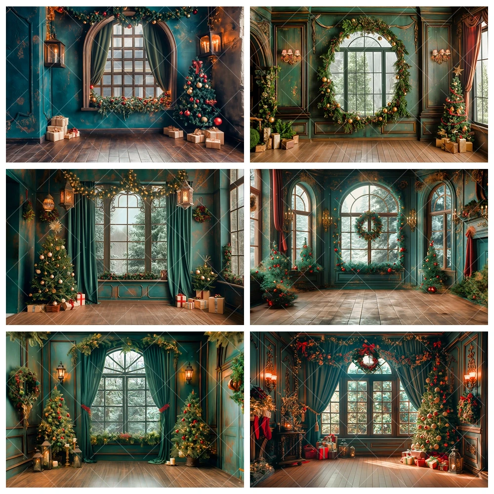 Christmas Interior Dark Green Garland Wall Window Aldult Kid Family Party Backdrop Custom Kid Room Photo Poster Decor Background