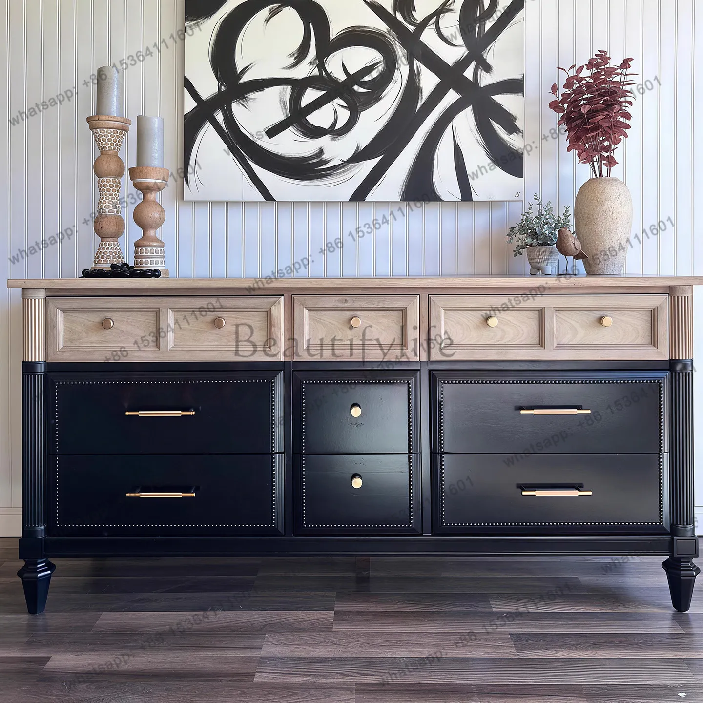 

Modern simple solid wood dining side cabinet, living room locker, metal handle contrast color