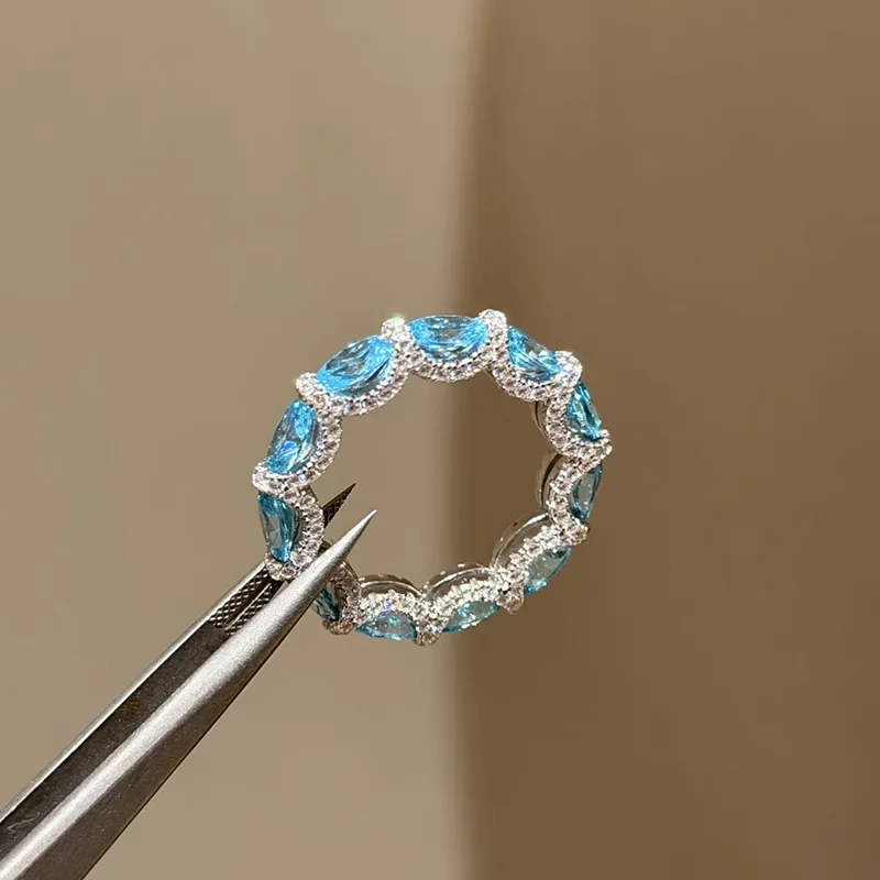 Luxury 925 Sterling Silver Oval Cut 4*6 MM Aquamarine High Carbon Diamond Gemstone Row Rings Fine Jewelry Wedding Band
