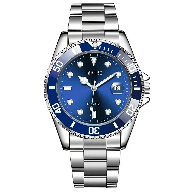 1pc Luxury Men Silver Stainless Steel Water Proof Automatic Luminous Rotatable Bezel Mens Watches