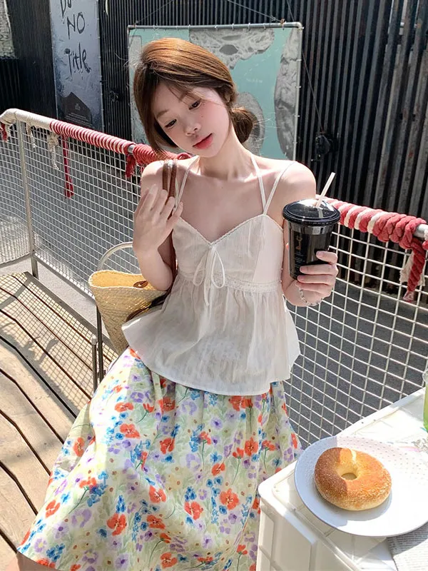 

Summer Floral Halter Neck Dress Set Beach Vacation Style Two Piece Cotton Blend Short Sleeve V Neck Youth Fashion Set