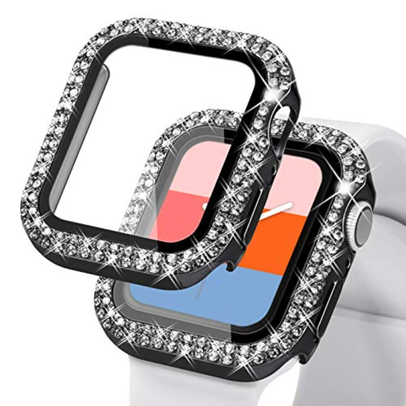 

Diamond+Tempered Film Case For Apple Watch Case 45mm 44mm 42mm 40mm 41mm Glass Protective Cover For iWatch series 9 8 7 6 5 4 SE