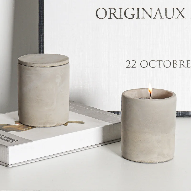 Candle Holders Creative Cement Aromatherapy Candle Cup with Lid Empty Candle Jar Indoor Decoration