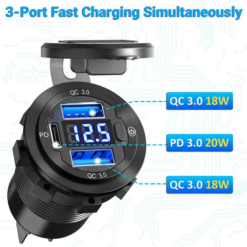 QC3.0 شاحن سيارة الأزرق LED عرض الجهد USB شاحن سيارة 3 منافذ مع زر 12-24 فولت مقاوم للماء سبائك الألومنيوم طاقة السيارات