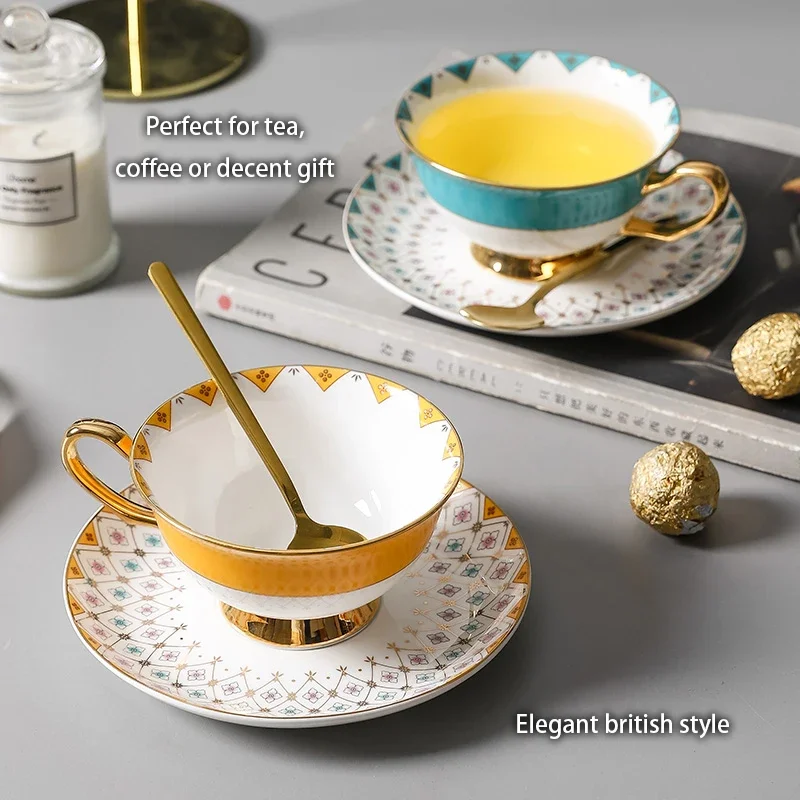 Bone China Tea Cup Saucer Spoon Set 200ml British Coffee Cup Gold Porcelain Tea Set Ceramic Teacup Cafe Espresso Cup Drinkware