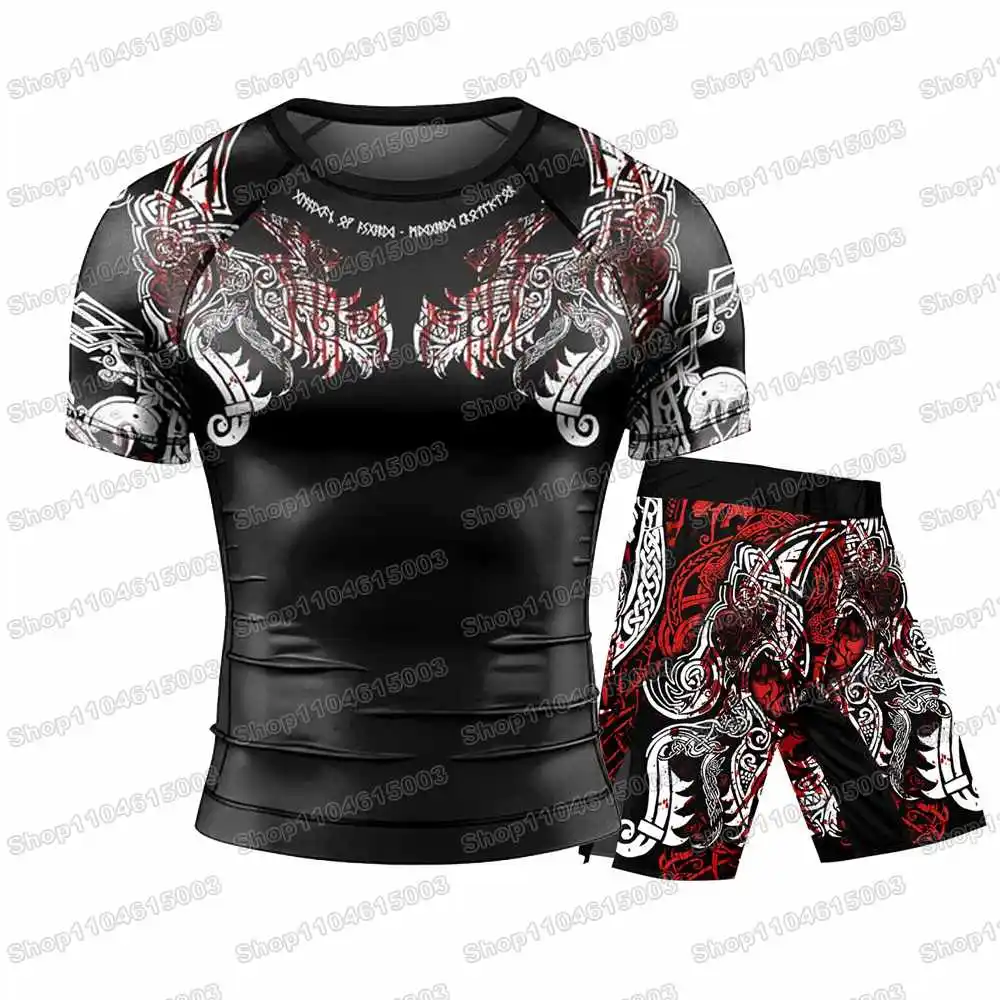 

WWF Wrestling Freki Blood Rash Guards Surfing Jersey Beach Shirts Swimwear Diving Gym Shorts MMA BJJ Men Jiu Jitsu Fitness Sets