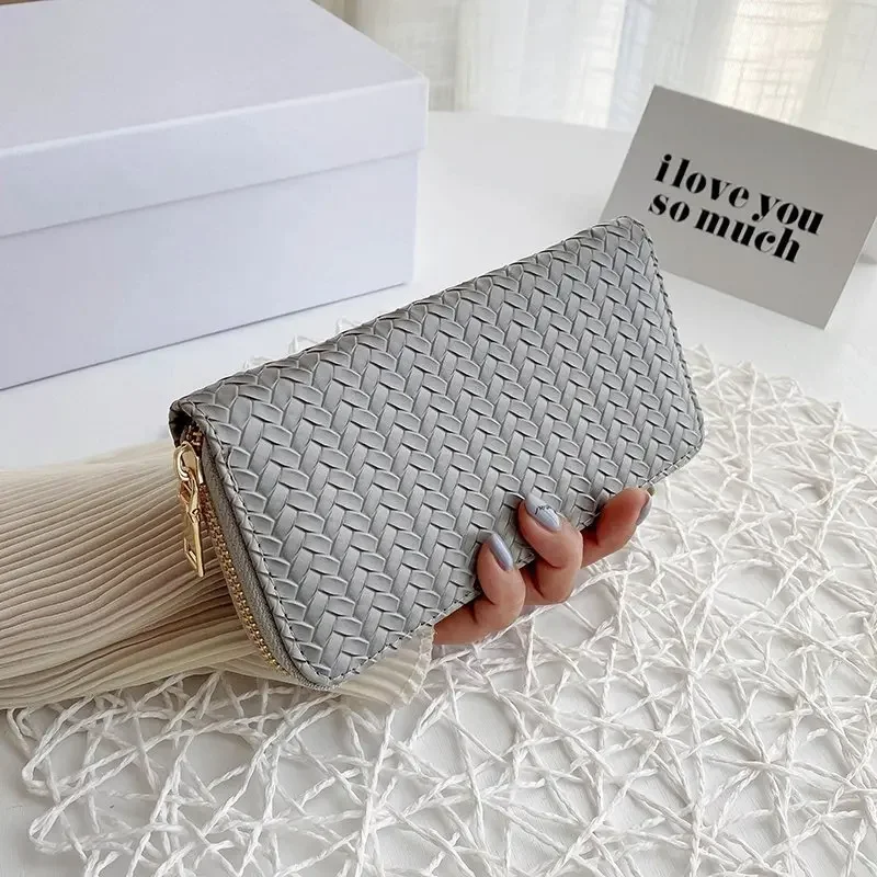 

2023 Women Weave Wallet Leather Wrist Handle Phone Case Long Section Money Pocket Pouch Handbag Women Purse Card Holder Wallet