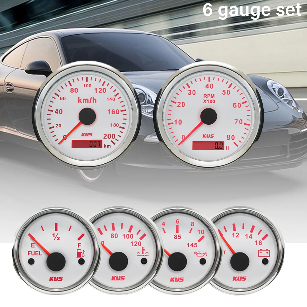 

KUS 85mm GPS Speedometer 0-200km/h +Tachometer 52mm Water Temp Oil Pressure Fuel Level Meter Voltmeter with Red Yellow Backlight