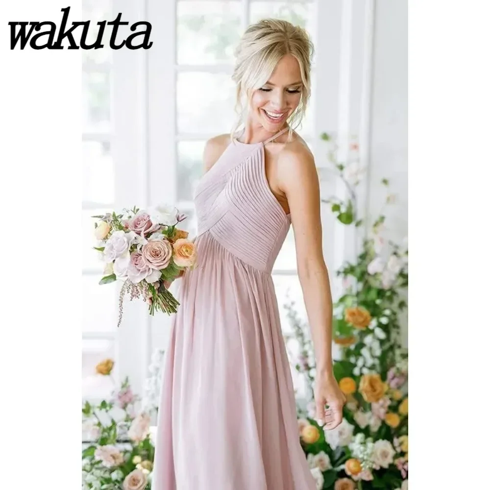 Wakuta Long Halter Pleated Chiffon Bridesmaid Dresses with Pockets A Line Wedding Party Dresses Evening Gowns robes de soirée