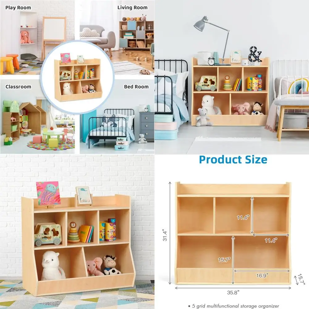 

Детская деревянная книжная полка с 5 контейнерами для хранения, органайзер для игровой комнаты, детского сада и класса
