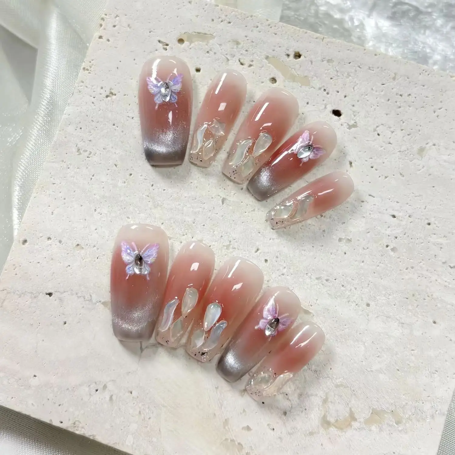 Uñas postizas hechas a mano con forma de ojo de gato, rubor, blanqueador puro Premium hecho a mano, alivio de uñas postizas