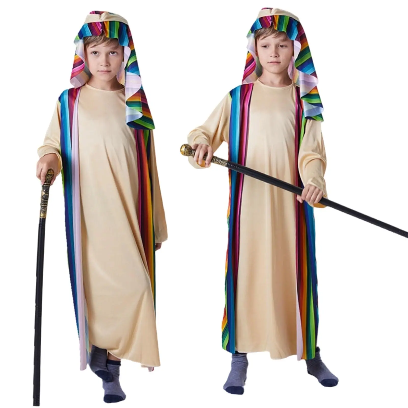 زي الصحراء للأولاد بيج قوس قزح مخطط رداء مقنع وشاح ربطة عنق العرقية لعب الأدوار مهرجان 2026 ملابس عصرية نابضة بالحياة Traje