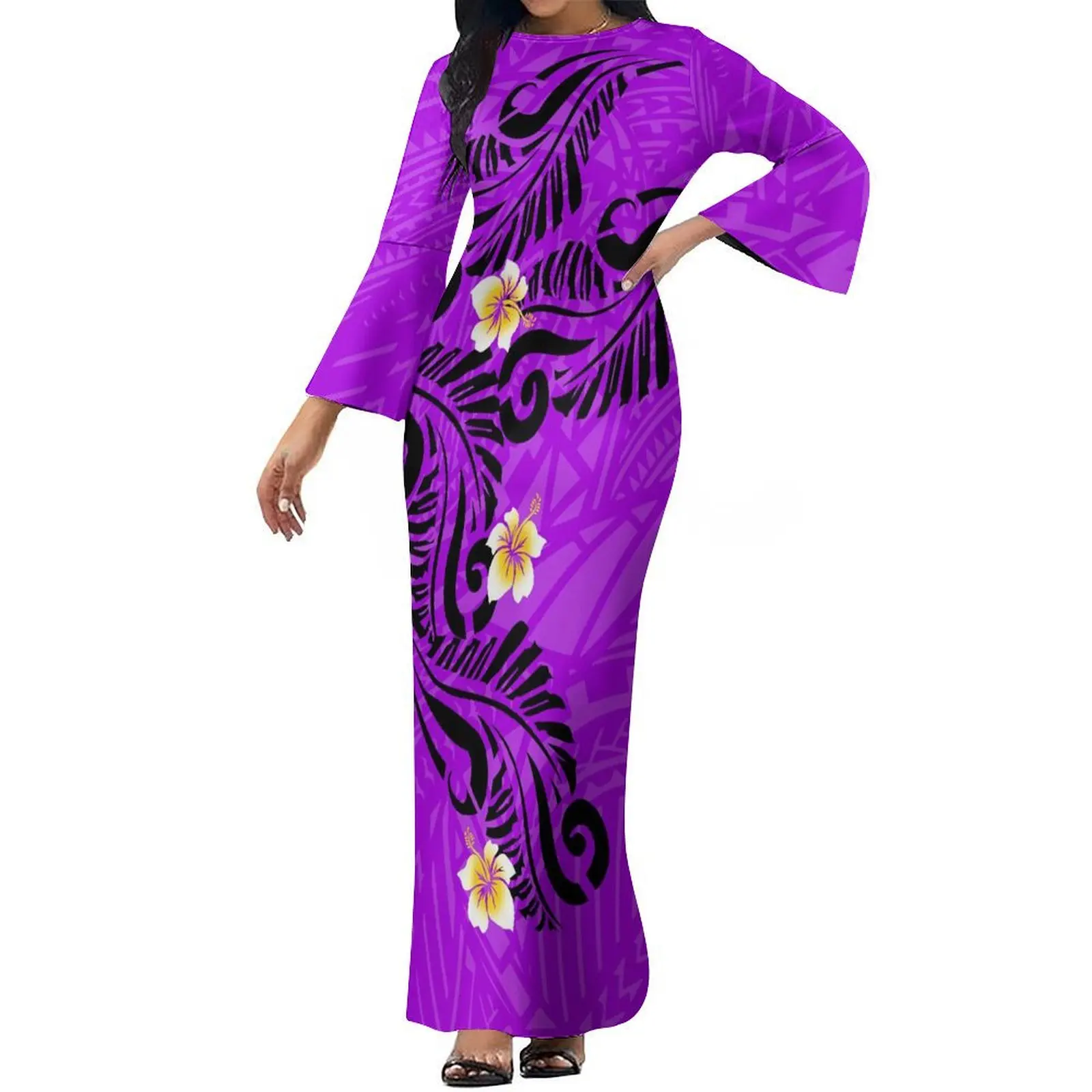 Women'S Long-Sleeved Dress Polynesian Island Design Pattern Women'S High-Waisted Maxi Dress 