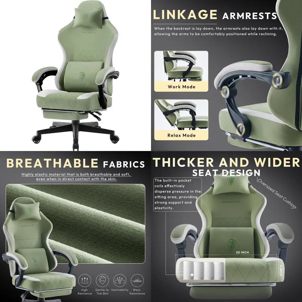 Ergonomic Breathable Fabric Gaming Chair with Pocket Spring Cushion and Lumbar Support for Comfortable Computer Gaming Sessions
