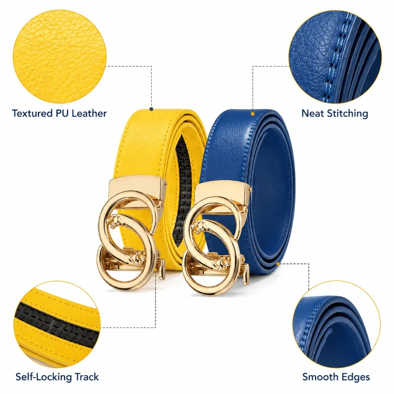 Men's Automatic Ratchet Belt Adjustable PU Leather Non Perforated Belt, 3.5cm Gold Double Ring Animal Buckle Business Casual
