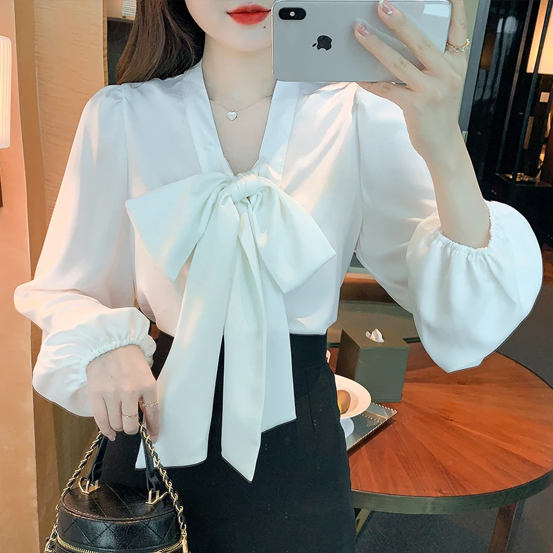Spring Autumn Elegant Chiffon White Women's Bow Blouse 2025 New Long Sleeve V-neck Korean Casual Loose Office Lady Shirts Female