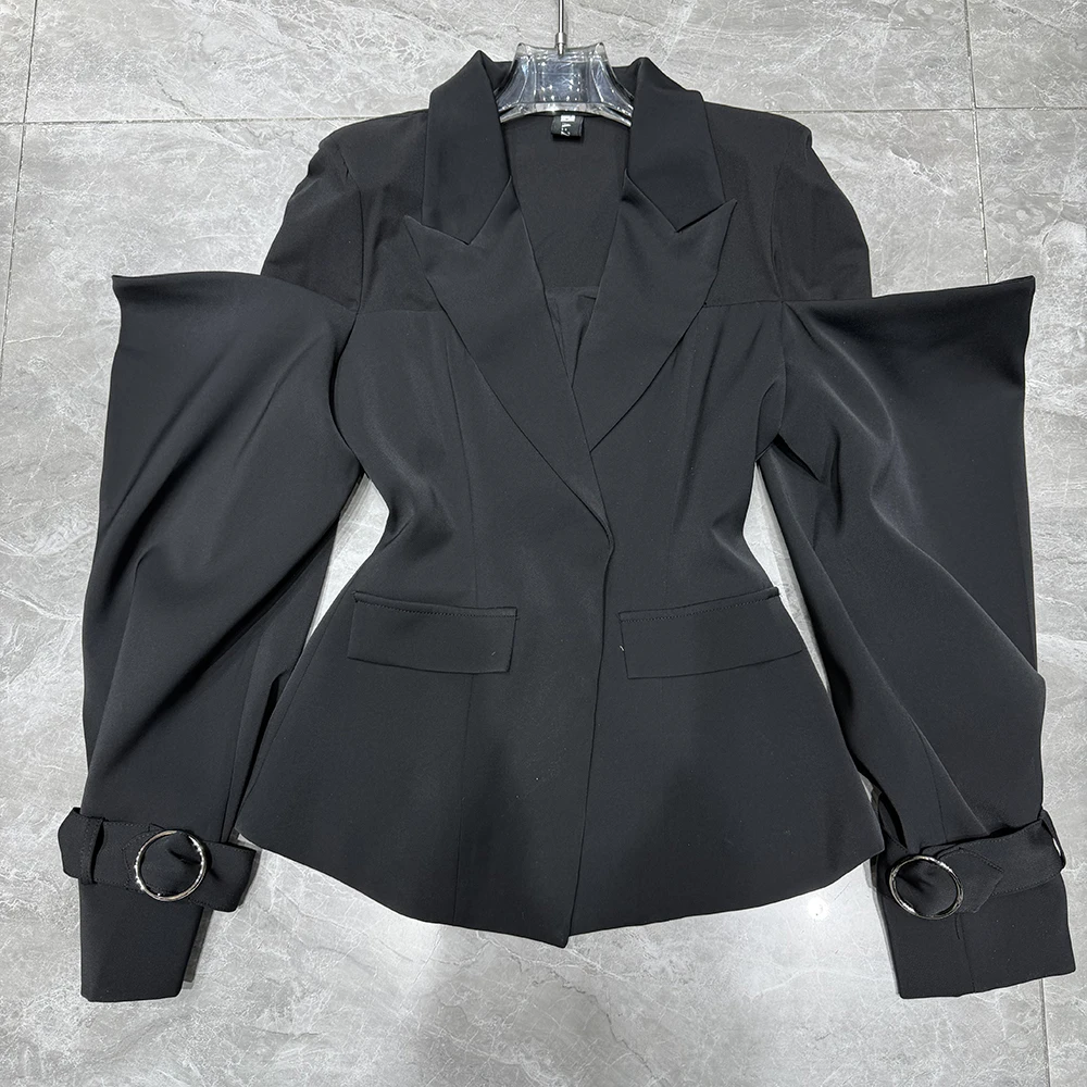 TWOTWINSTYLE White Gold Accent Blazer Coat for Women Notched Clollar Off The Shoulder Sleeve for Office Formal Events KJA561009