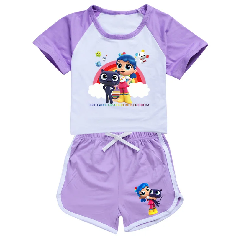 New True and the Rainbow Kingdom Summer Girls Suit Cosplay Sportswear Set Cartoon Children Short Sleeve T Shirt + Shorts Set