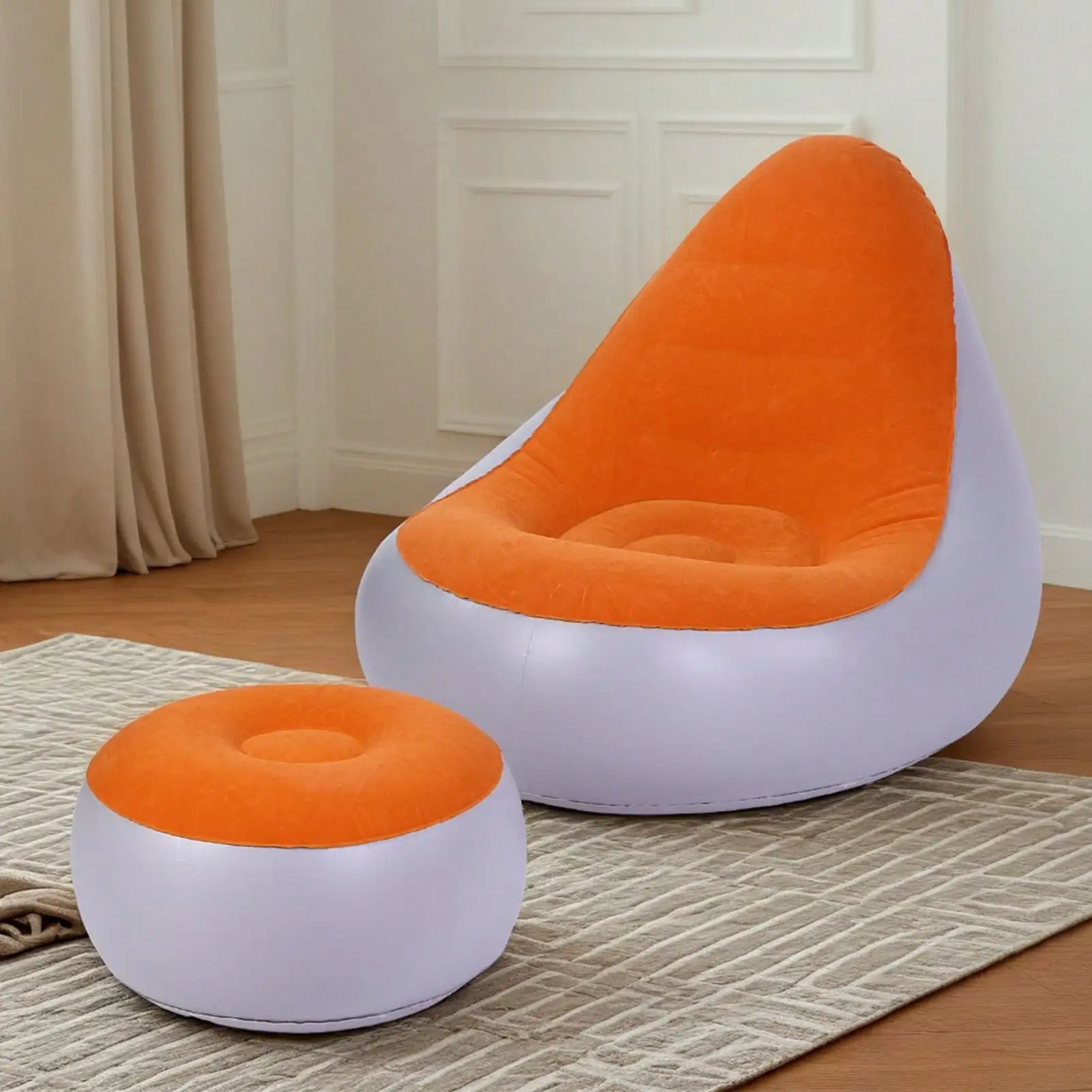 

Inflatable Lounge with Foot Stool PVC Flocking Water Proof Folding Blow Up Couch Inflatable Sofa Chair for Home Camping Orange