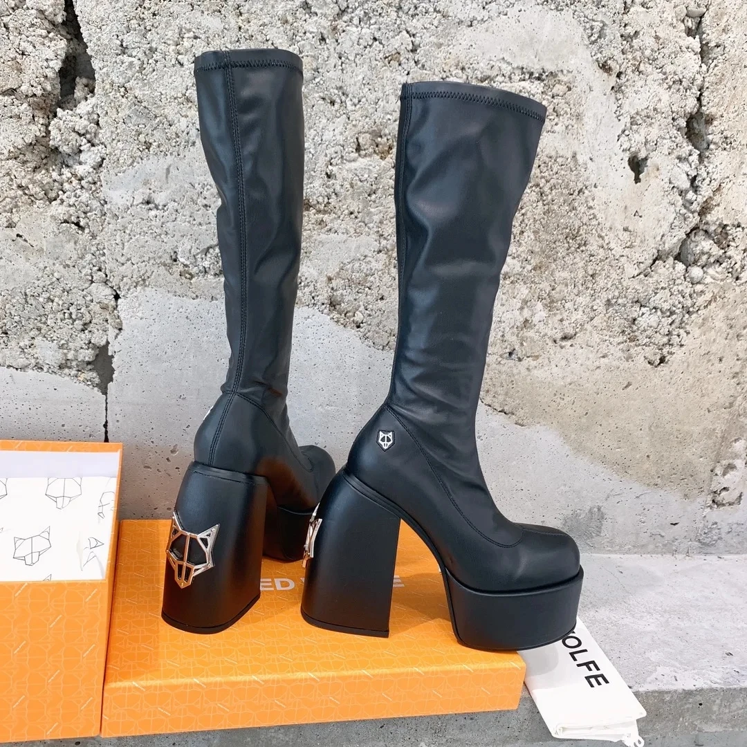 Dames Naakte Schoenen Wolfe Laarzen Spice Black Stretch Kniehoge Laarzen