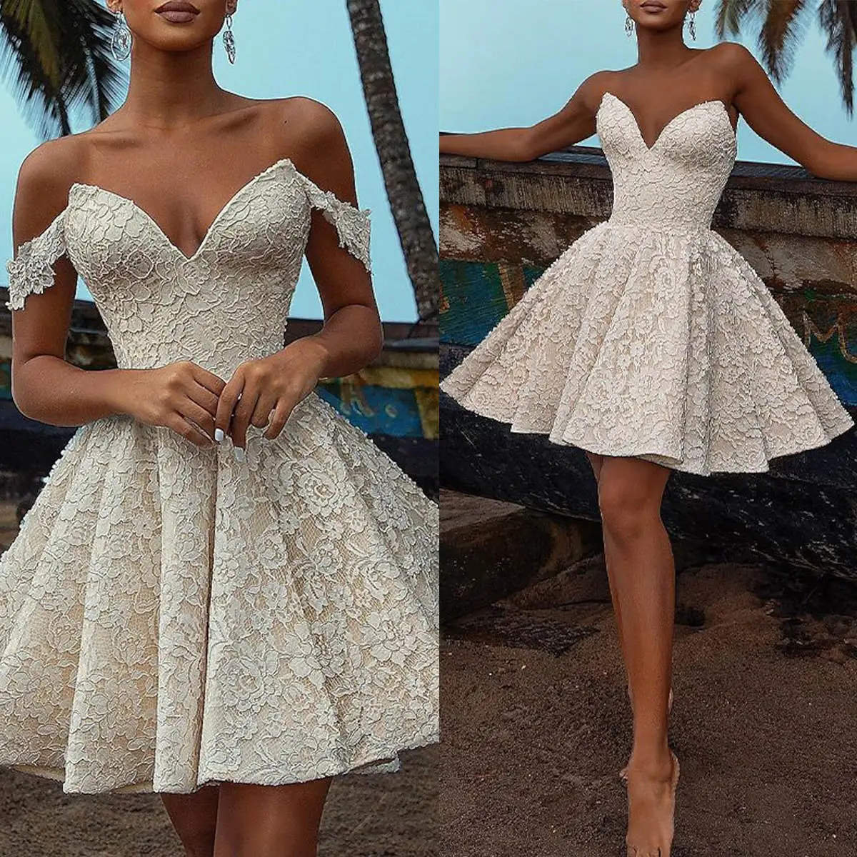 

Gorgeous A Line Wedding Dress Off Shoulder Sleeveless Sweetheart Bride Mini Gowns Above Knee Sweep Train Lace Bridal Dresses