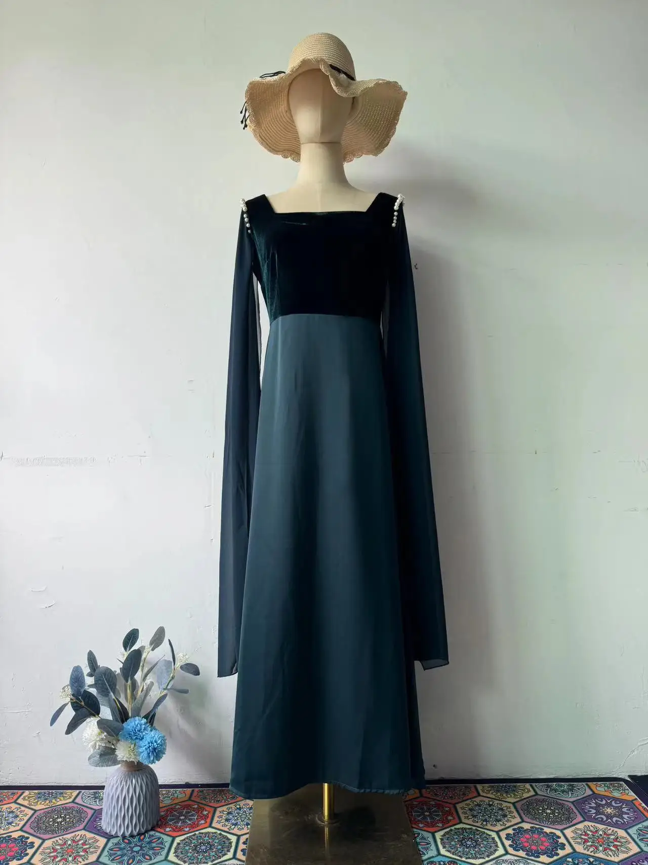 European and American Cross border 2025 New Fashion Satin Splicing Elegant Large Swing Sleeve Pearl Long Slimming Party Dress