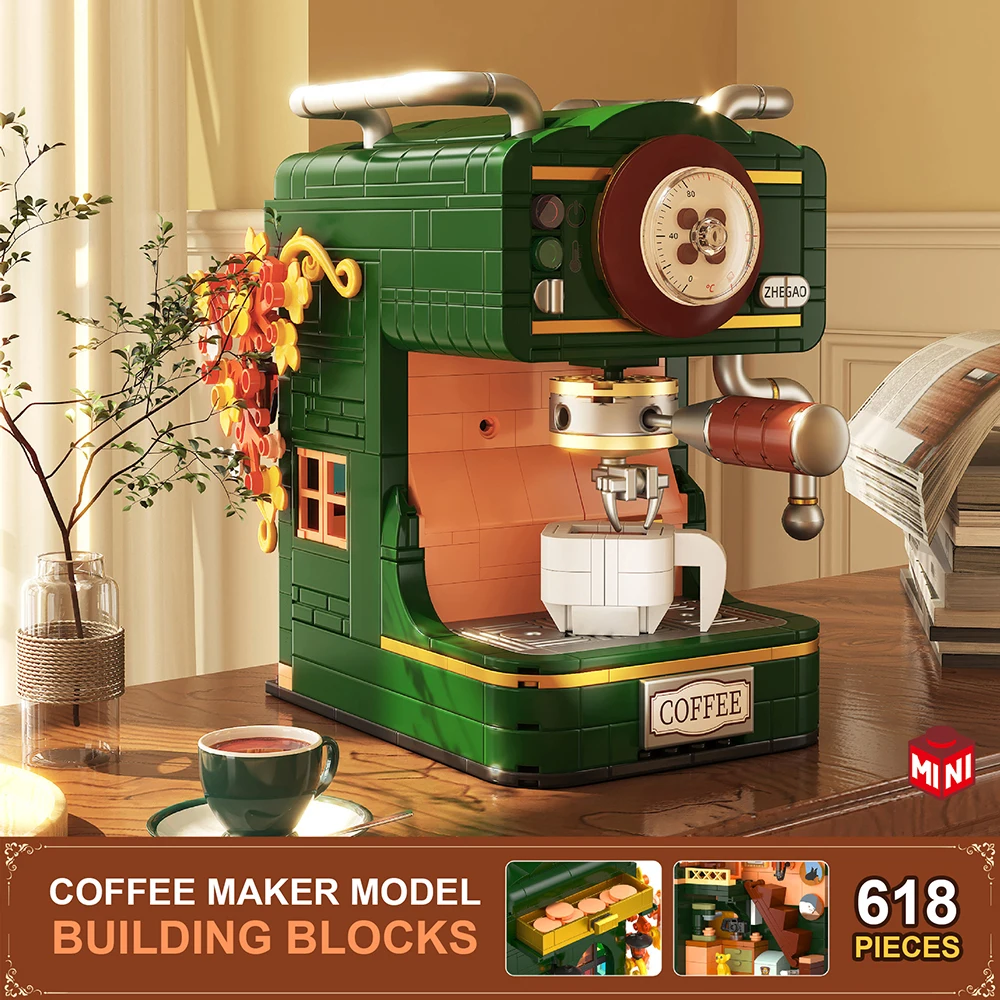 

618PCS Vintage Coffee Machine Building Block Classic Imitation Hand Coffee Macker Desktop Decoration Bricks for Kid Toys Adults