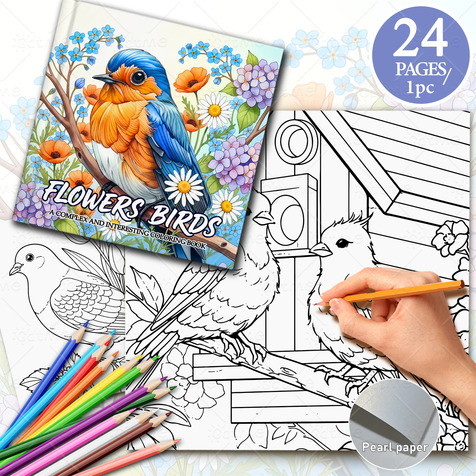 24-seitiges BLUMENVÖGEL-Welt-Malbuch zur Stressreduzierung bei Erwachsenen | Malbuch zur Stressabbau und zur Stimmungsreduzierung ﻿ – Detail 1