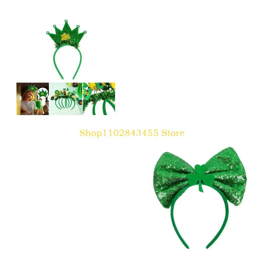 49MC Adult Patricks Day Headband Shinning Glitter Powder Irish Sequins Festival Party Hair Hoop for Teens Headpiece