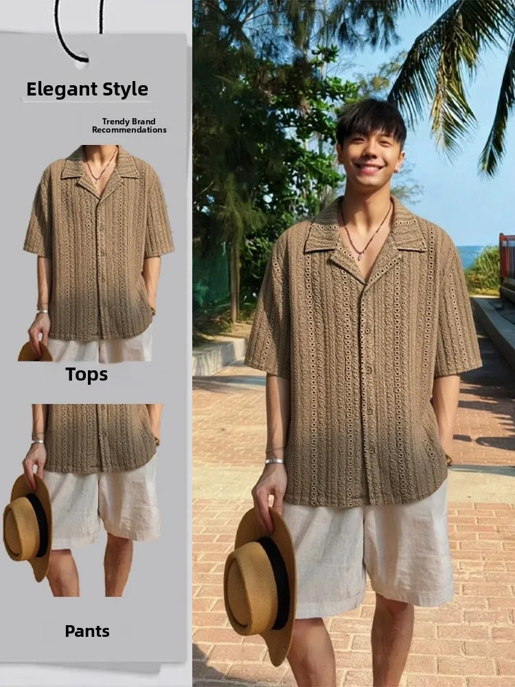 

Hawaii Hollow Cuban Collar Short Sleeve Men's Shirt Summer Vacation Old Money Style Linen Shorts Shirt Set Youth Fashion