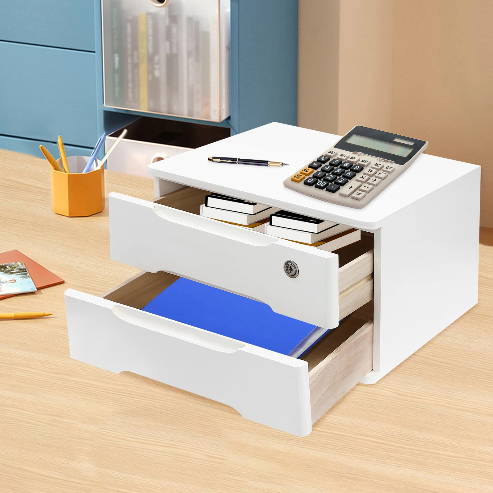 39*30*21cm 2 Layer Desktop Storage Box Desktop Storage Box with Lockable Drawer Drawer Organizer for Office Study Bedroom White