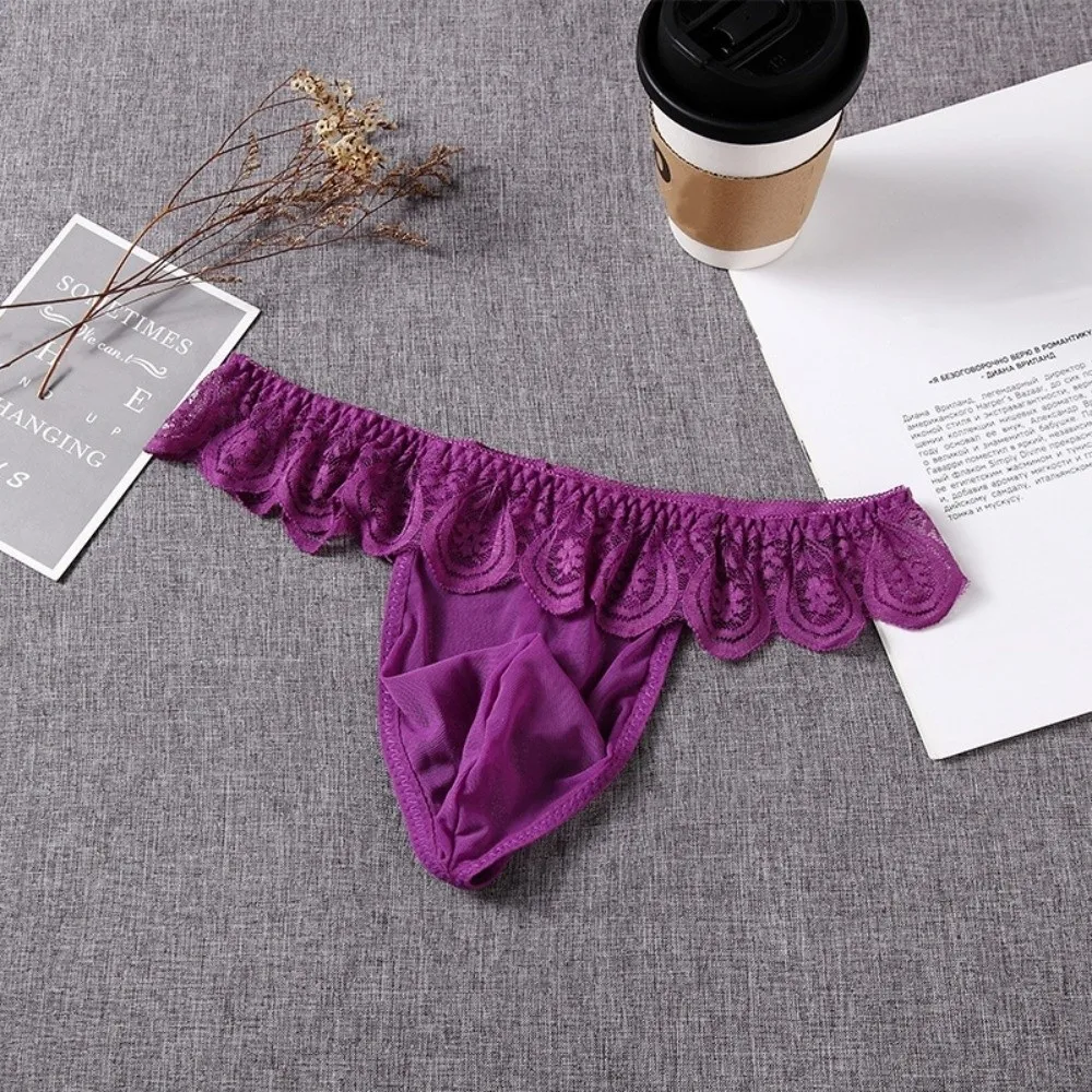 Comfortable Low Waist Men's Lace Thongs Ruffle Belt Underpants Men's Mesh Lace Panties T-back Lingerie Male Briefs Men