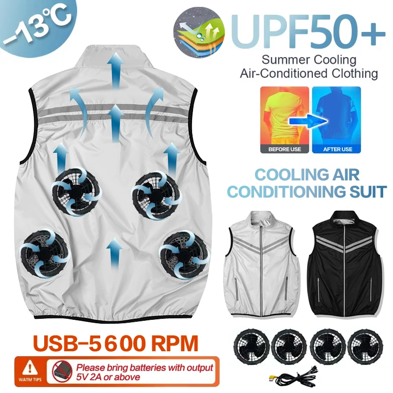 Outdoor Cooling Air Conditioning Vest for Men and Women, 4 USB Fans for Circulating Cooling, Ideal for Fishing, Hiking, High-Tem