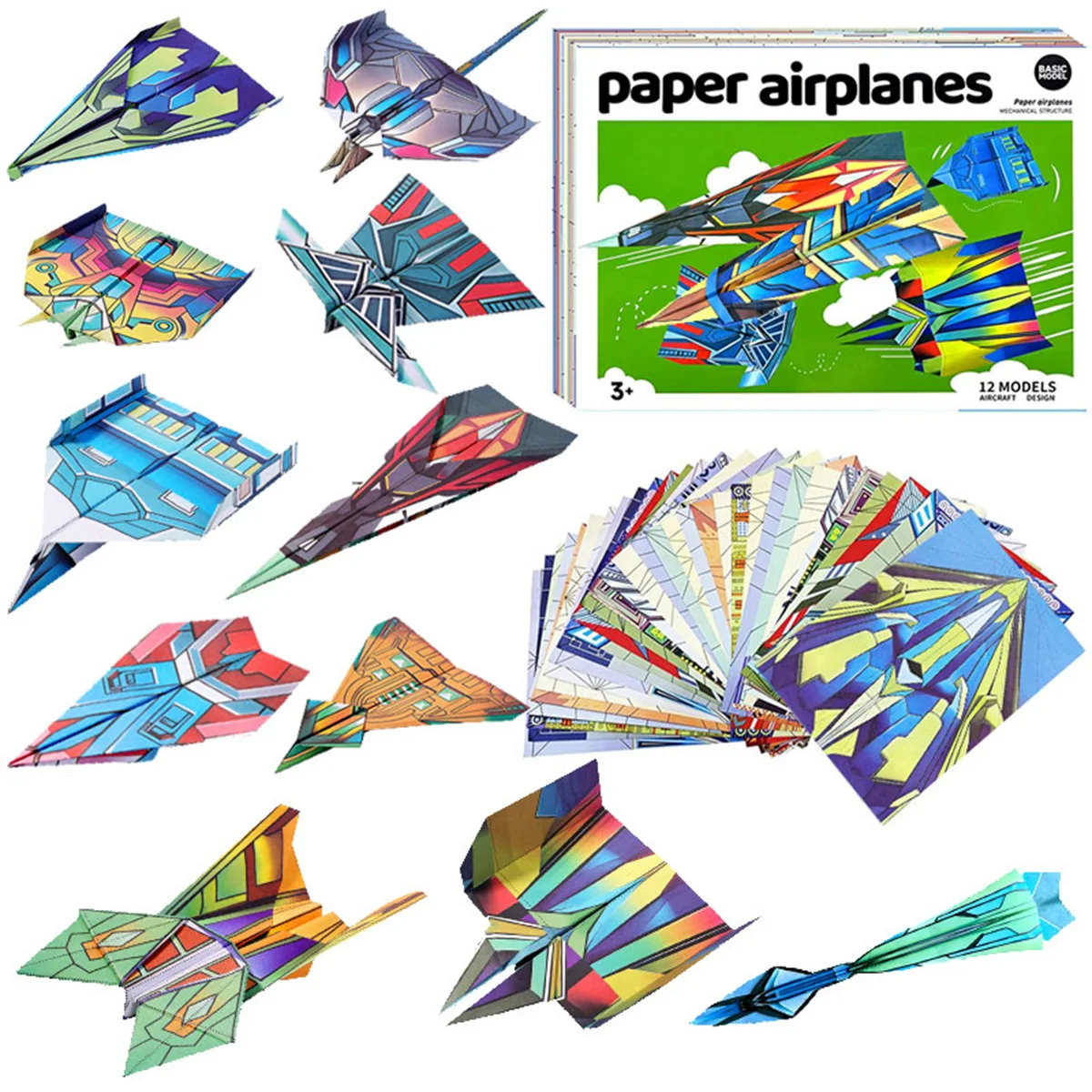 Paper Airplane Kits with 12 Classic Designs, Colorful Origami Paper, World Record Paper Planes, Airplane For School Students(Dig