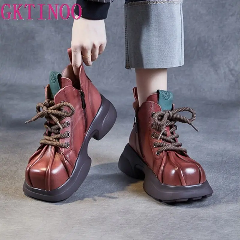 GKTINOO Retro Thick Heeled Thick Soled Short Boots 2024 Winter New Genuine Leather Round Toe Comfortable Women Platform Shoes