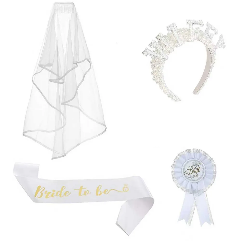 PESENAR Elegant Bride to be Wedding Accessory Collection Veil, Pearl Headband, Sash And Badge