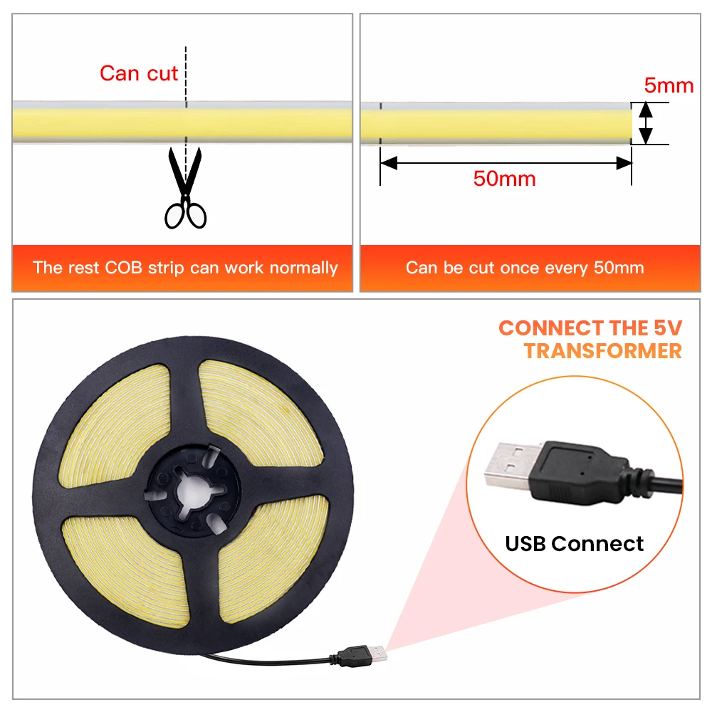 Imagem -05 - Usb Cob Led Strip com Fita Adesiva Flexível Corda Night Lamp tv Backlight Home Liner Iluminação 5v 320led por m 5v