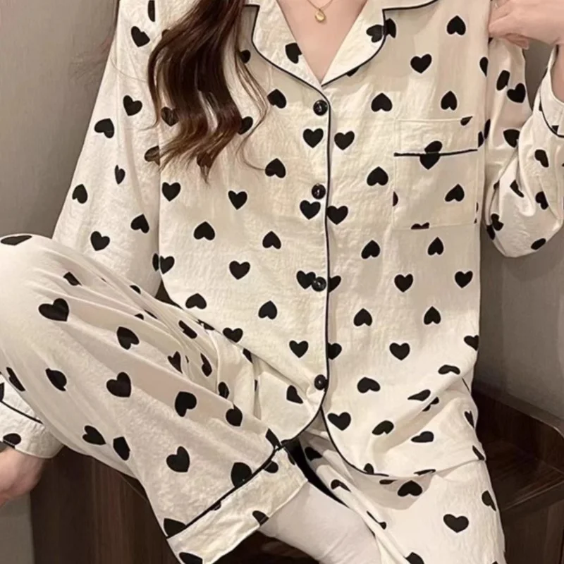 

Spring and Autumn New Women's Spring and Autumn Ins Style Pajamas Homewear Set Girls Bubble Cotton Sweet Pajamas Homewear Set