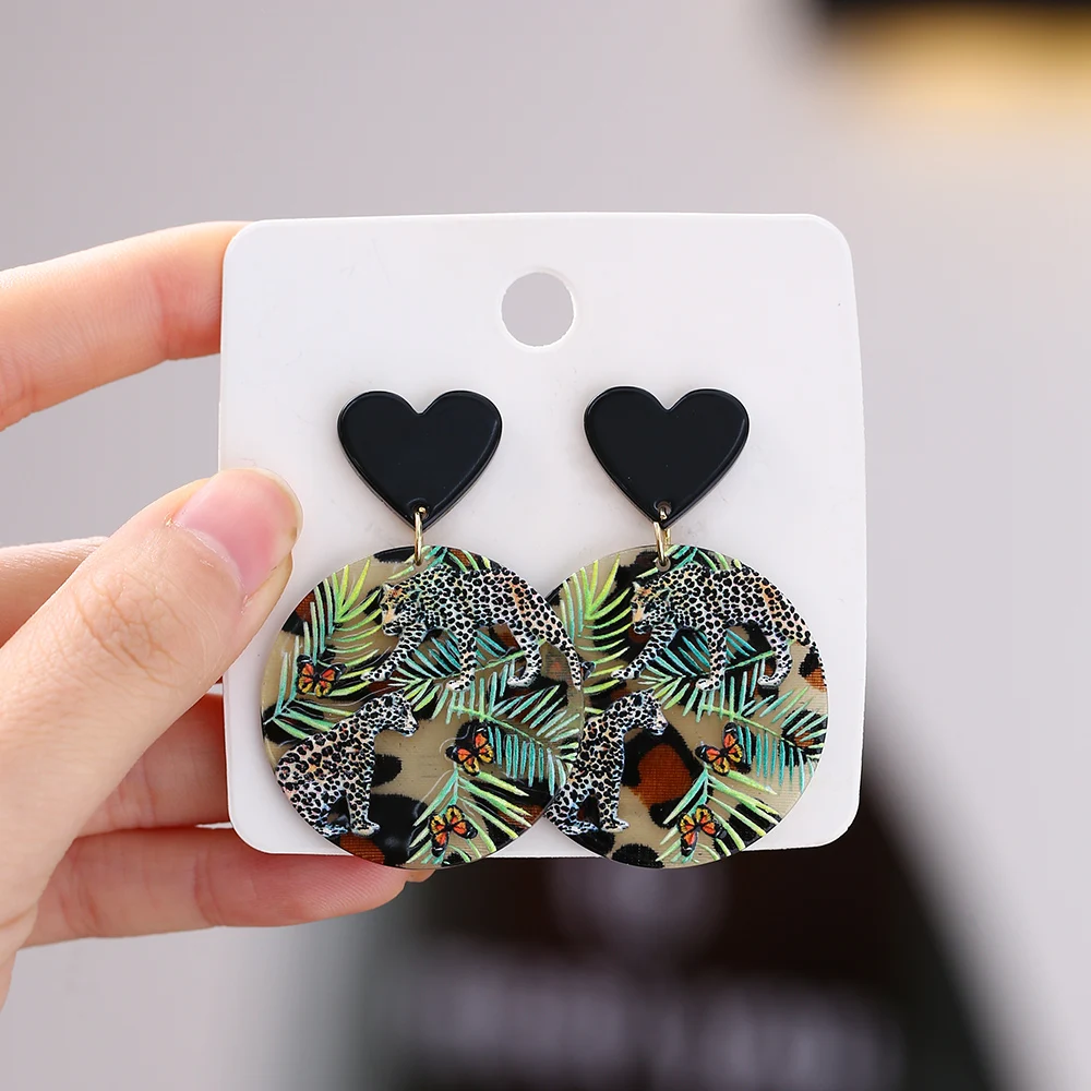 2024 New 3D Printing Plant Animal Acrylic Earrings for Women Geometric Round Heart Leopard Butterfly Drop Earrings Forest Gifts