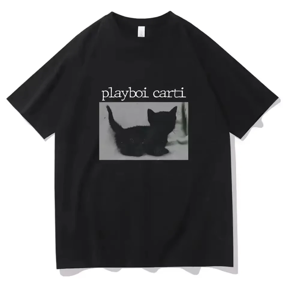 Summer Playboi Carti Hip-Hop T Shirts Cute Cat Harajuku Print Tee Regular Mens Top Quality Rapper T Shirt Jogging Tee Streetwear