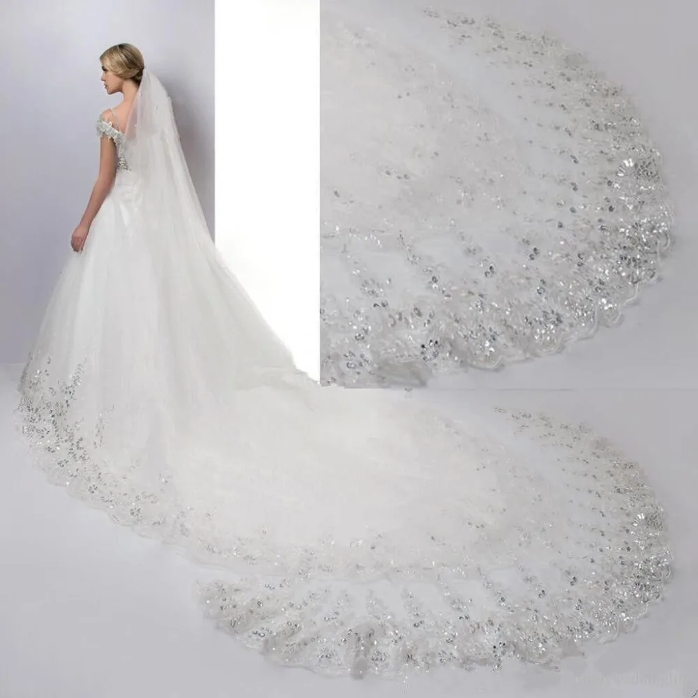 Bridal Veils Lovertjes Lace Edge Wedding Veils Een Layer Lange Wit/Ivoor Bridal Veil