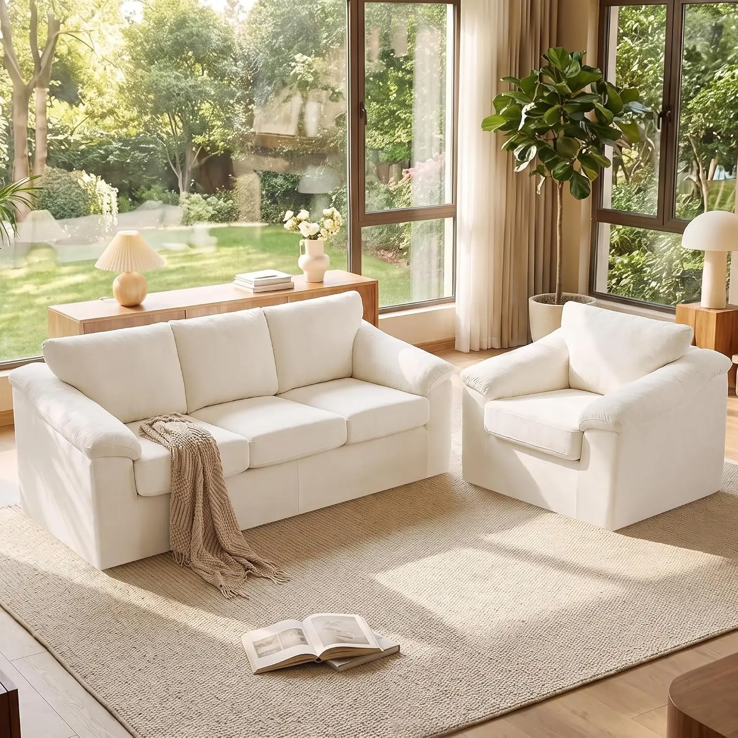 Modern 3 Seater Sofa & Accent Chair Extra Comfy Deep Seats Floor Couch No Assembly Living Room Apartment Beige, Customized