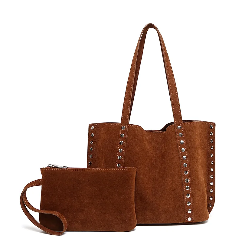 

Замшевая сумка на плечо большой емкости, осенне-зимняя повседневная женская сумка с заклепками, сумка для подмышек, дорожная сумка-тоут