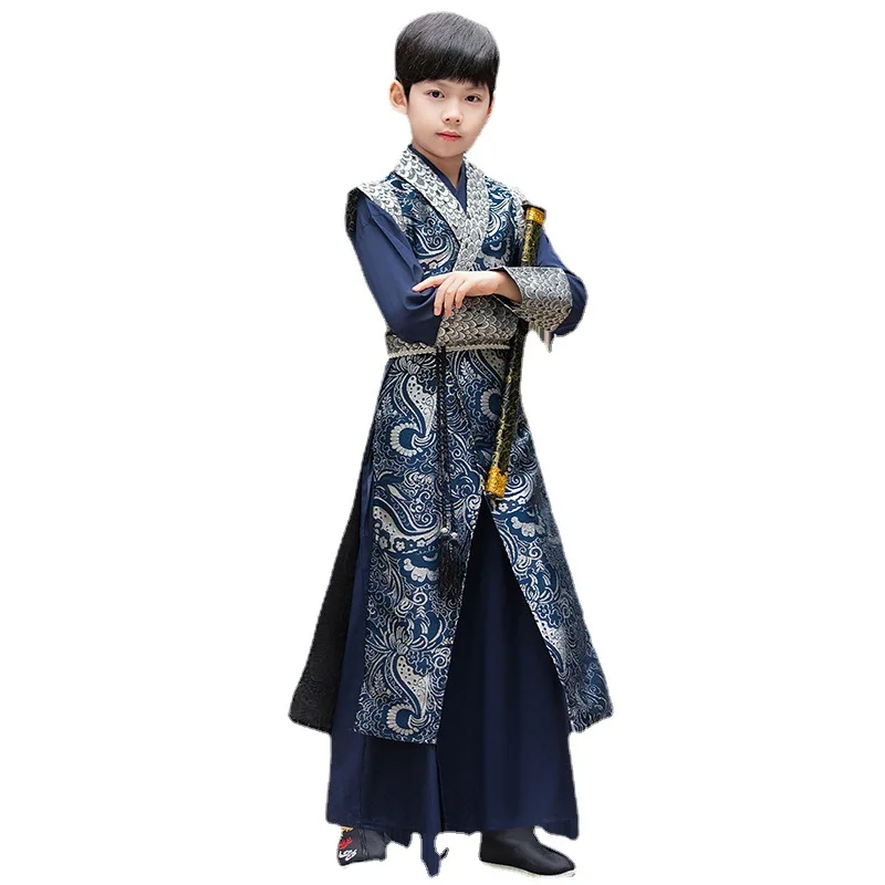 Spring Blue Print Hanfu New Autumn Children Tang Suit for Boys Chinese Style Hanfu Suit Anciwent Martial Arts Costume