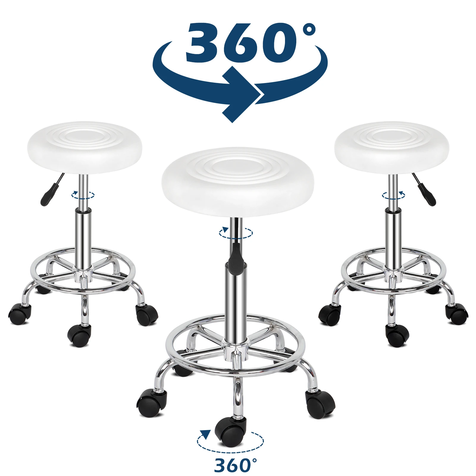 Round Stool with Lines 360° Rotation Bar Stool Adjustable Height Work Stool Beauty Salon White Half PU Leather Technician Stool